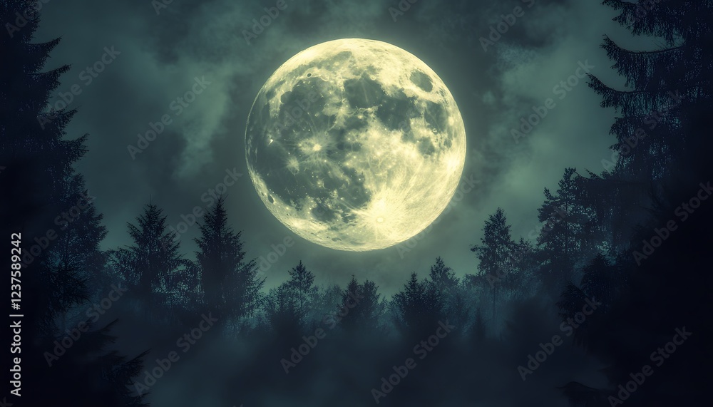 Full Moon Over a Foggy Dark Forest at Night Full Moon Over a Foggy Dark Forest at Night