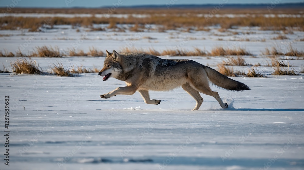 Fototapeta premium Chasing the Ice: Hudson Bay Wolf in Full Sprint on the Frozen Shoreline