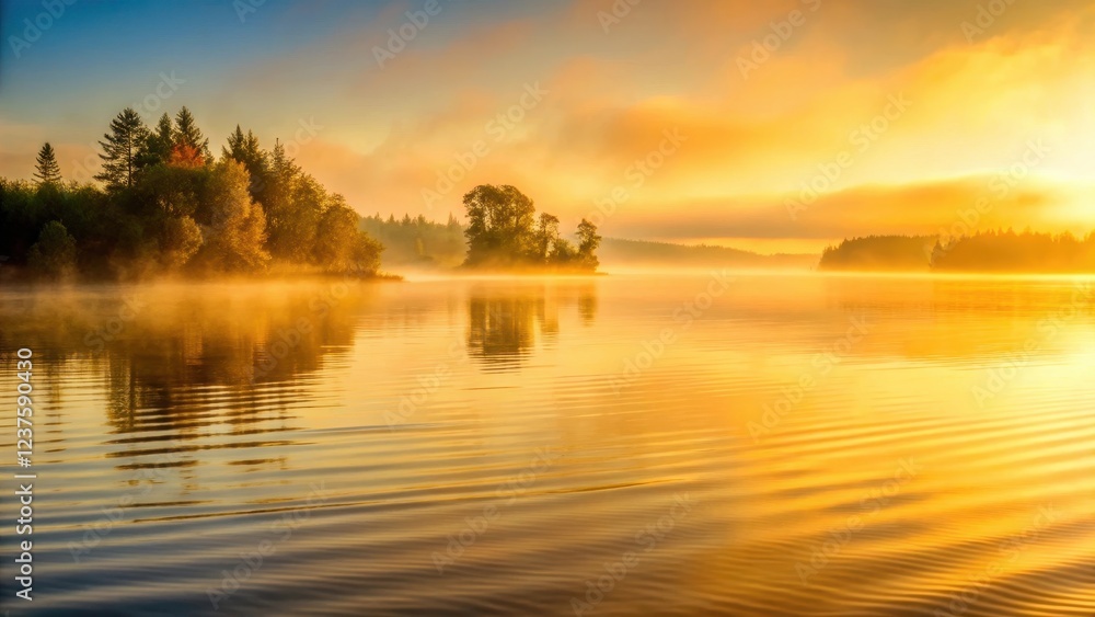 Fototapeta premium Soft golden light filters through the morning mist on the bay, revealing the gentle ripples of the water , outdoor, peaceful
