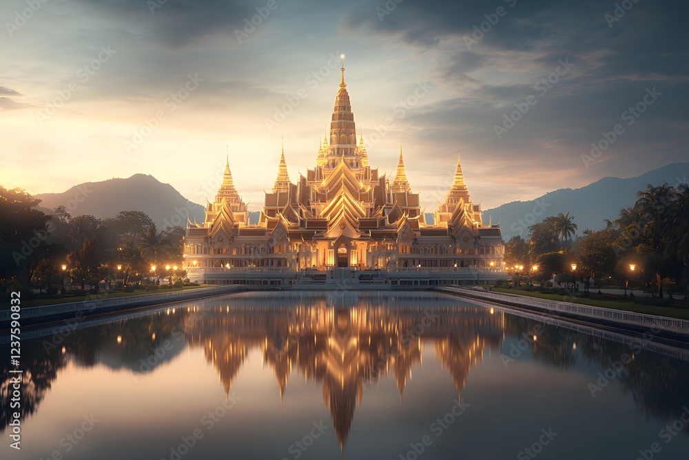 Naklejka premium Majestic Temple Reflection at Sunset in Serene Landscape Scene