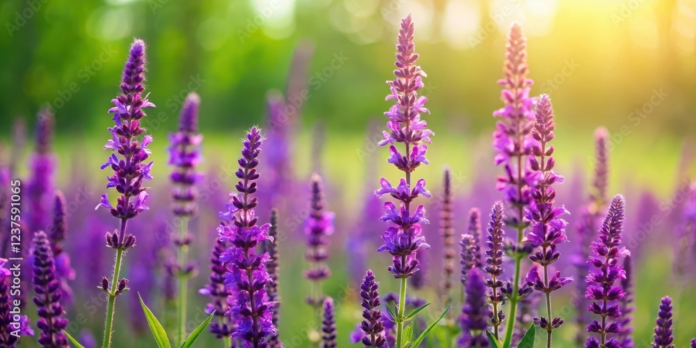 Fototapeta premium Aromatic purple flowers bloom in a lush green meadow with a subtle background color