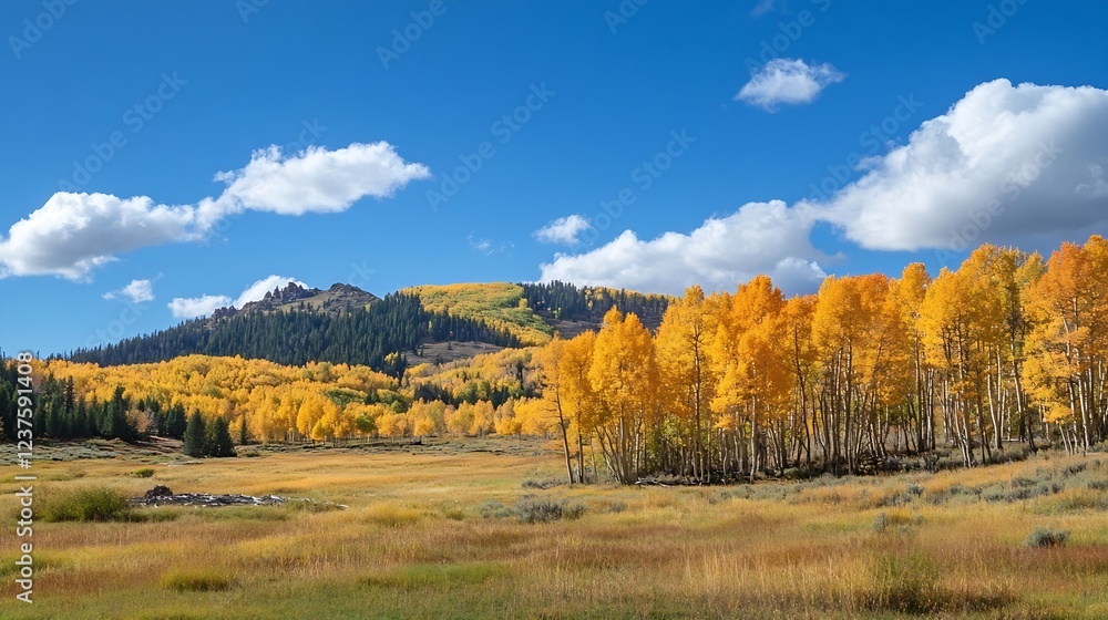 Fototapeta premium Stunning Autumn Mountain Landscape with Golden Aspen Trees and Clear Blue Sky : Generative AI