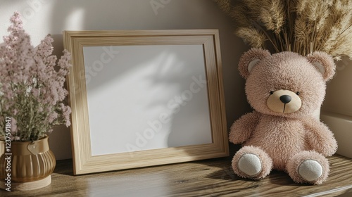 Blank frame, teddy bear, nursery, sunlight, mockup
