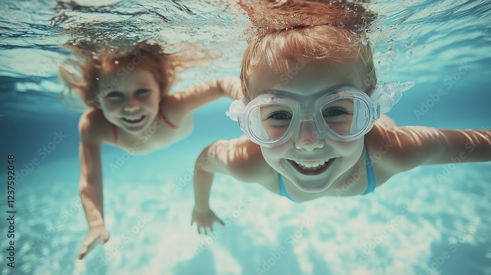 Fototapeta premium Little kids swimming in pool underwater