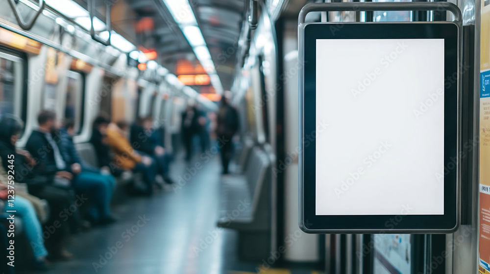 Digital ad display inside a metro train with passengers in the background. Ideal for showcasing branding, transit ads, or marketing campaigns in a realistic public transport setting Digital ad display inside a metro train with passengers in the background. Ideal for showcasing branding, transit ads, or marketing campaigns in a realistic public transport setting