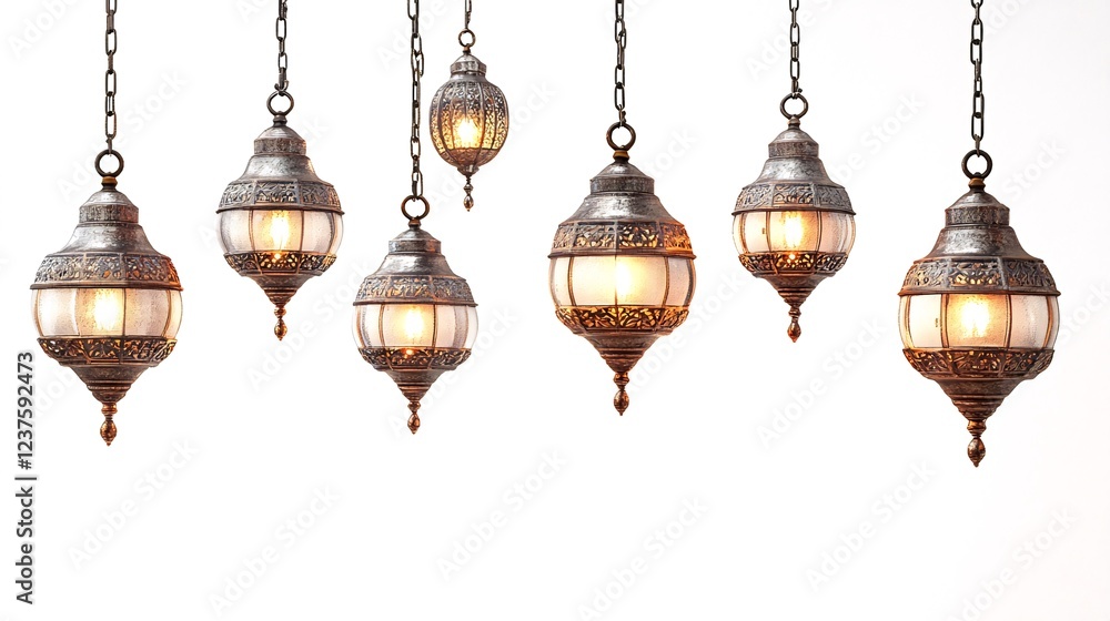 Illuminated Moroccan lanterns hanging, white background, festive decor, Ramadan Illuminated Moroccan lanterns hanging, white background, festive decor, Ramadan