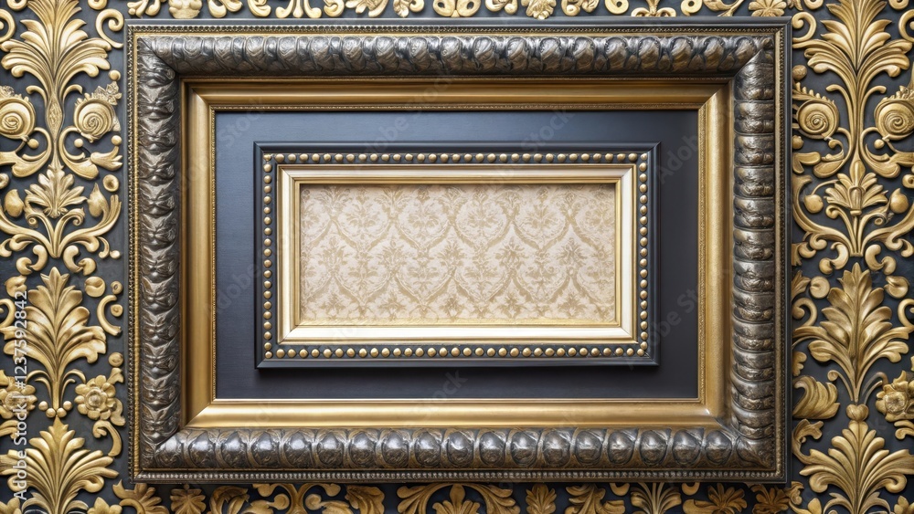Black gallery frame mockup with gold and silver leaf pattern on mat board surrounded by ornate molding details, silver leaf, art decor Black gallery frame mockup with gold and silver leaf pattern on mat board surrounded by ornate molding details, silver leaf, art decor
