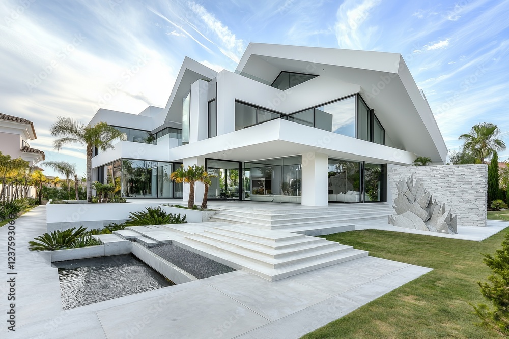 Fototapeta premium Clean concrete and angular stone elements in a white residence with an artistic yard.