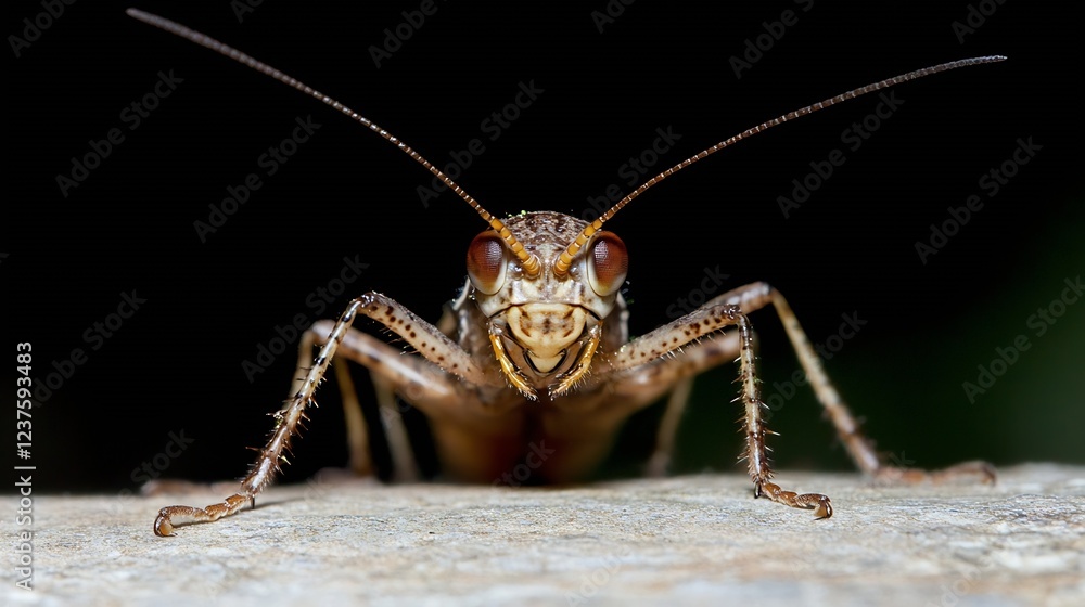 Fototapeta premium HeadOn View of a Grasshopper on Rock Surface with Antennae Extended : Generative AI