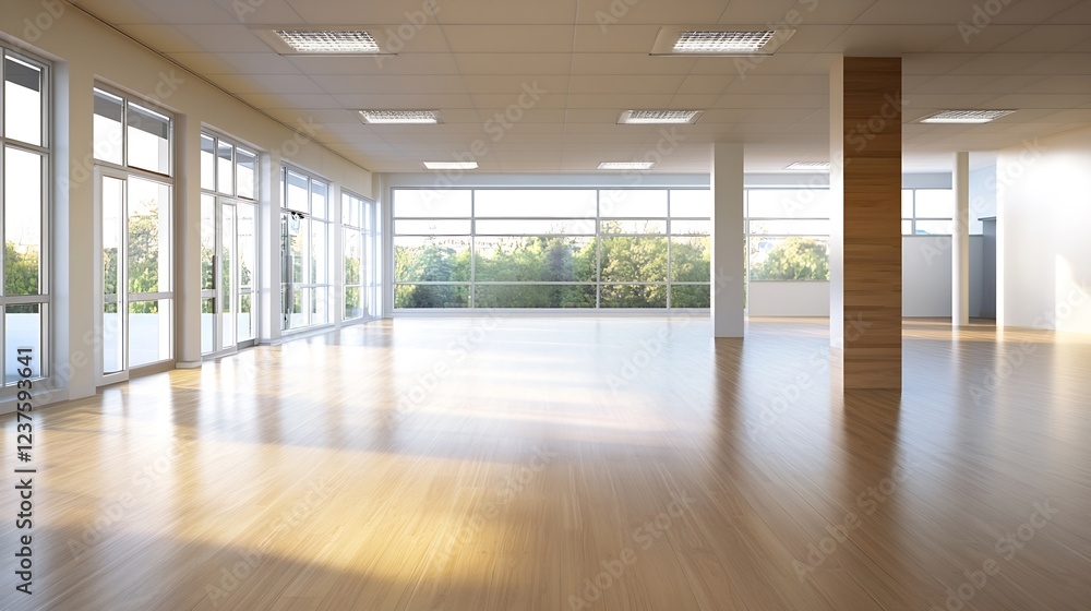 Fototapeta premium Bright and Airy Modern Room with Wooden Flooring and Large Windows Offering Scenic Views : Generative AI