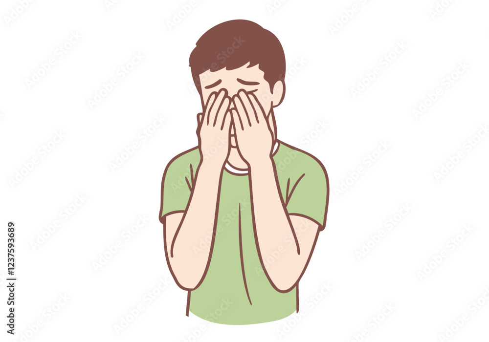 Heartbreak and Despair: A simple yet poignant illustration depicting a young man burying his face in his hands, his body language communicating an overwhelming sense of sadness and despair. Heartbreak and Despair: A simple yet poignant illustration depicting a young man burying his face in his hands, his body language communicating an overwhelming sense of sadness and despair.