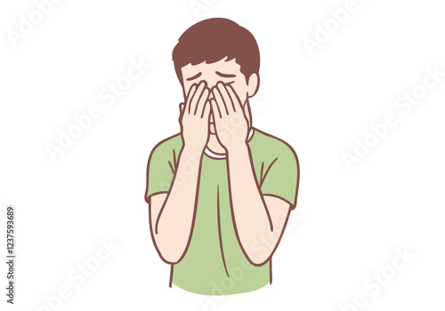 Heartbreak and Despair: A simple yet poignant illustration depicting a young man burying his face in his hands, his body language communicating an overwhelming sense of sadness and despair.  