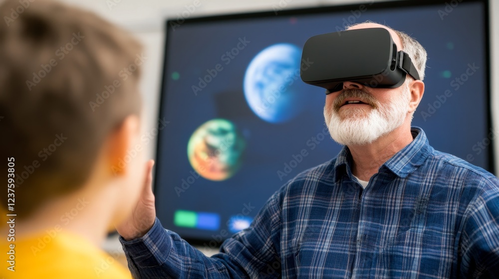 Elderly man using virtual reality headset while interacting with a child in a classroom setting Elderly man using virtual reality headset while interacting with a child in a classroom setting