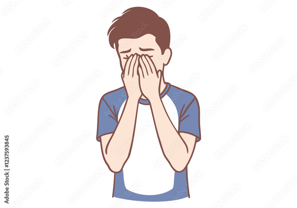 Heartbreak and Despair: A young man, depicted in a minimalist illustration style, hides his face in his hands, conveying profound sadness and emotional distress. The image is simple yet powerful. Heartbreak and Despair: A young man, depicted in a minimalist illustration style, hides his face in his hands, conveying profound sadness and emotional distress. The image is simple yet powerful.