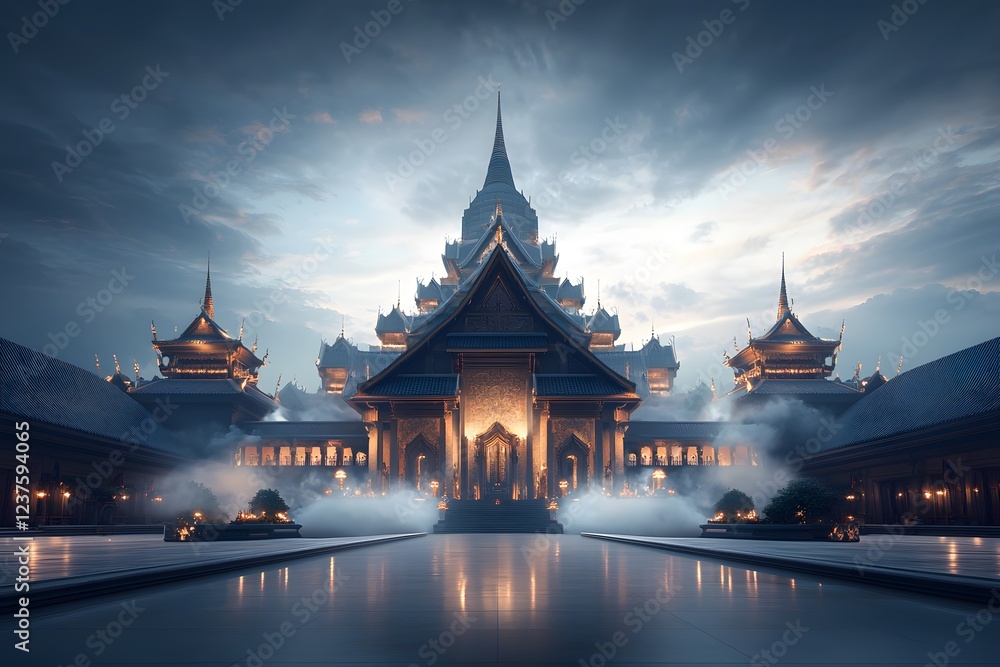 Naklejka premium Majestic Temple Structure Surrounded by Mysterious Misty Atmosphere