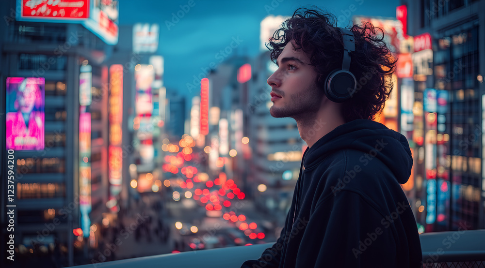 handsome man with headphones is standing on the balcony, gazing at the city lights and buildings. He has curly hair and wears a black hoodie. handsome man with headphones is standing on the balcony, gazing at the city lights and buildings. He has curly hair and wears a black hoodie.