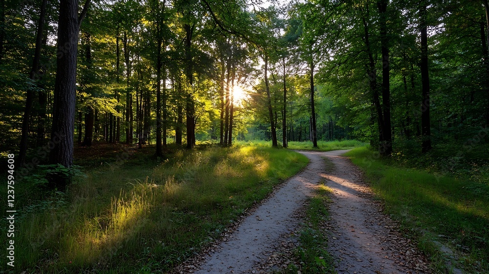 Fototapeta premium Sunlight Streaming Through Lush Forest Path in Summer : Generative AI