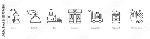 Hotel Booking Icon Sheet Shower, Desk Bell, Spa, Restaurant, Luggage Cart, Nightstand, Cleaning Gloves