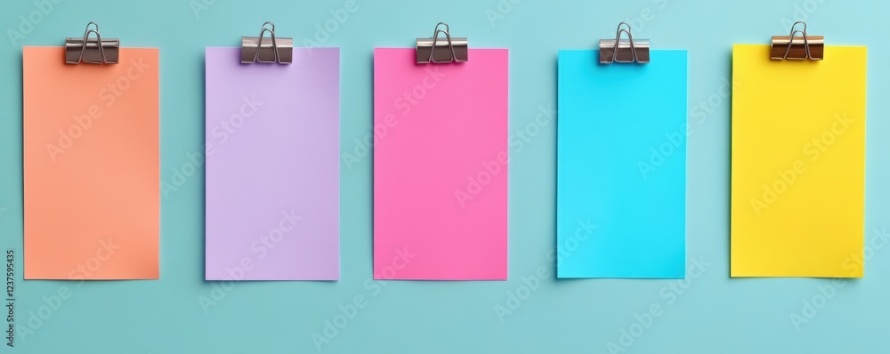 Colorful Blank Sticky Notes on Blue Background with Clips Colorful Blank Sticky Notes on Blue Background with Clips