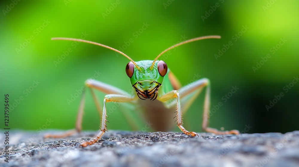Green Grasshopper with Striking Red Eyes on Stone Surface in its Natural Outdoor Environment : Generative AI Green Grasshopper with Striking Red Eyes on Stone Surface in its Natural Outdoor Environment : Generative AI