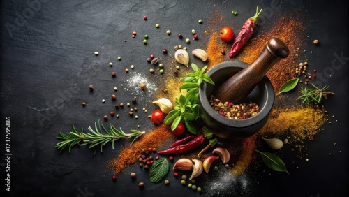 Fototapeta Naklejka Na Ścianę i Meble -  Aromatic spice blend on black background with herbs and spices falling from a mortar , foodie, spice,  foodie, spice