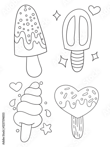 Hand-drawn ice cream coloring page in black and white. A delightful line art illustration of ice cream cones and desserts, ideal for printable coloring books and crafts.