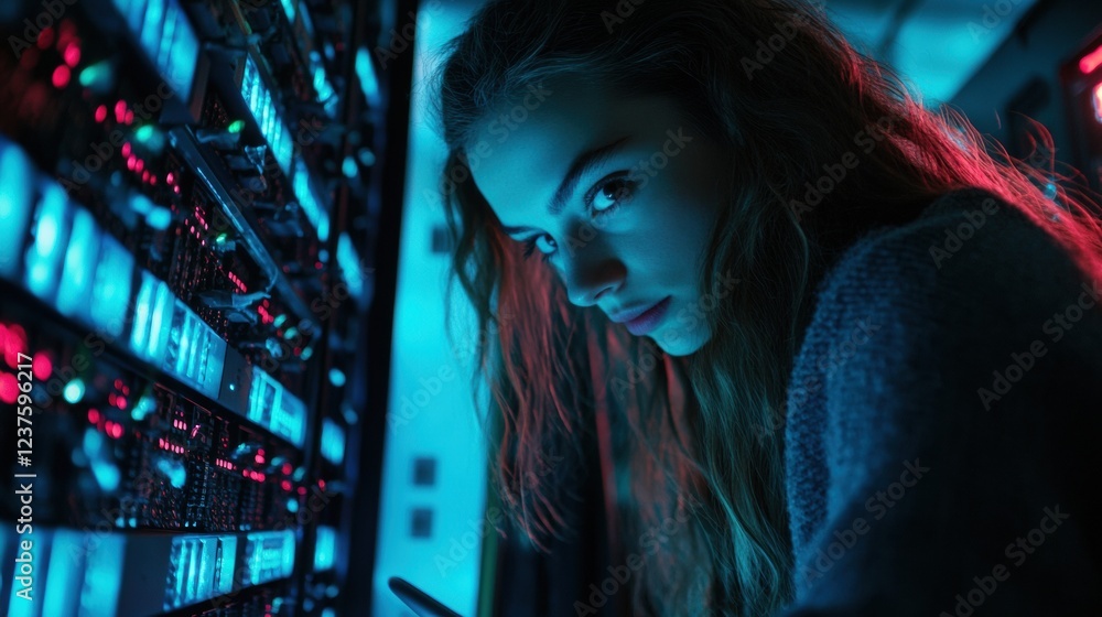 Obraz premium woman working on server rack at night