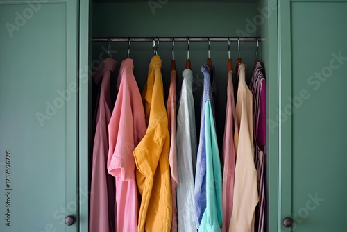 Colorful clothes hanging in green wardrobe