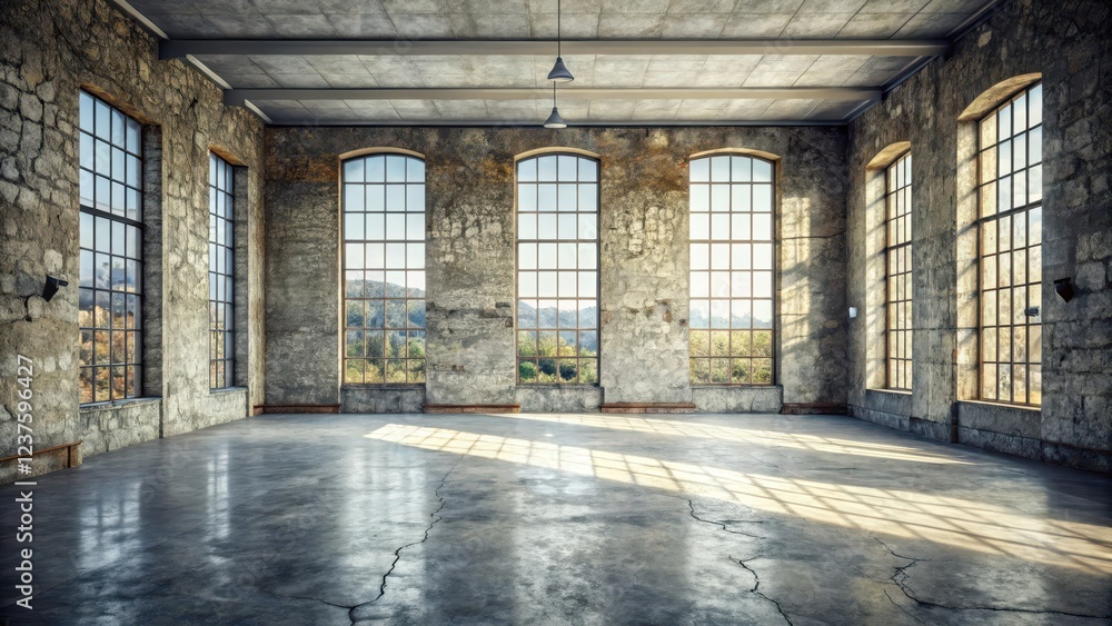 Ancient stone wall with cracked concrete background and empty floor space in a large room with high ceilings and windows, old building, solitude Ancient stone wall with cracked concrete background and empty floor space in a large room with high ceilings and windows, old building, solitude