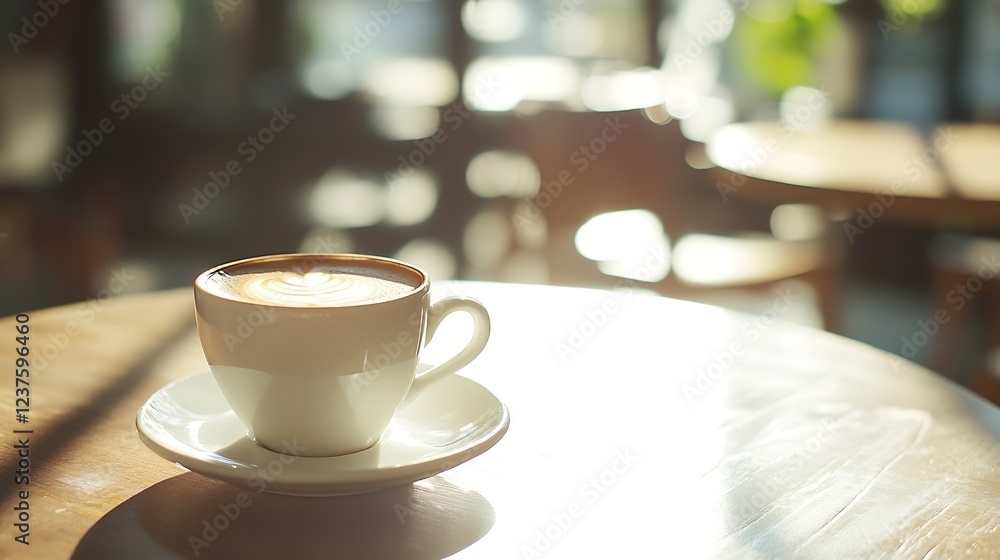 Fototapeta premium Sunlit coffee cup on a table in a charming morning café ambiance : Generative AI
