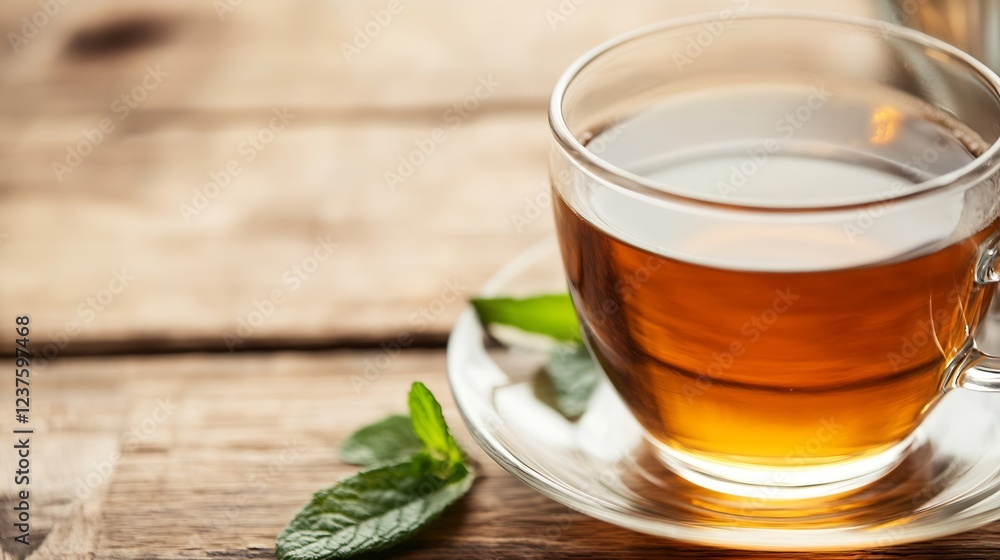 Warm Aromatic Herbal Tea in Glass Cup with Mint Leaves on Wooden Table : Generative AI Warm Aromatic Herbal Tea in Glass Cup with Mint Leaves on Wooden Table : Generative AI