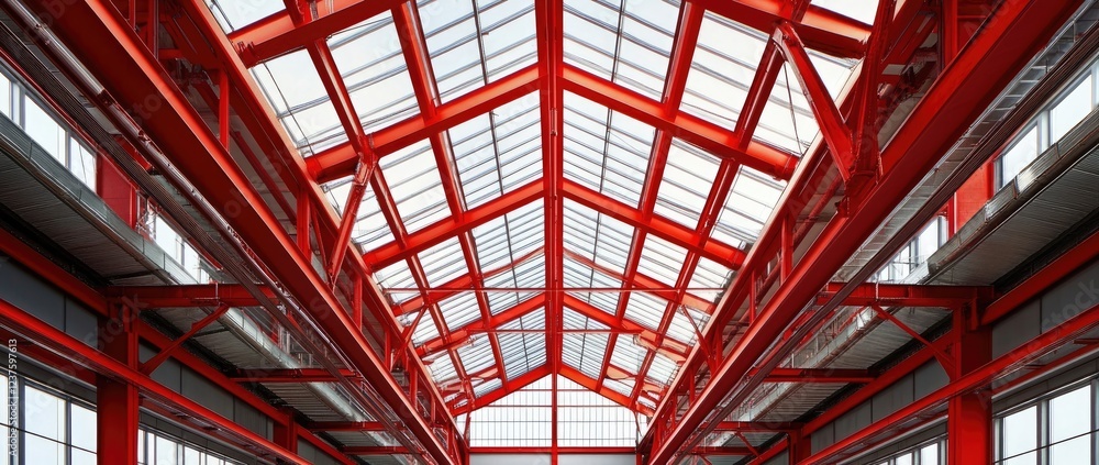 Obraz premium Industrial Red Steel Beams and Skylight Structure