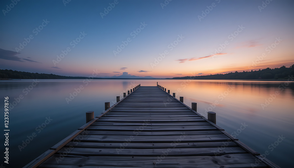 Wooden Dock Extending Over Calm Waters at Sunset, Reflecting Serene Lake Surroundings Wooden Dock Extending Over Calm Waters at Sunset, Reflecting Serene Lake Surroundings