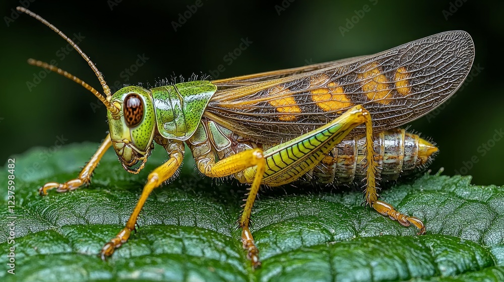 Fototapeta premium Vibrant grasshopper on leaf, nature close-up