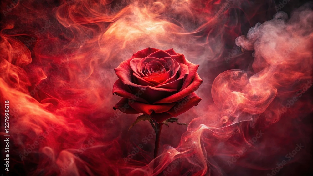 A rose blooming in a cloud of fiery red smoke swirls around it on a dark mysterious background A rose blooming in a cloud of fiery red smoke swirls around it on a dark mysterious background