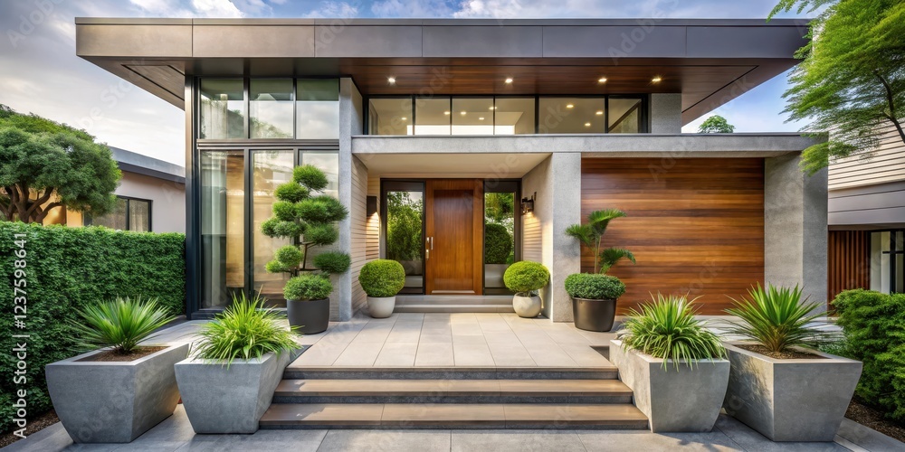 Fototapeta premium Modern House Entrance with Potted Plants, garden design, urban landscape