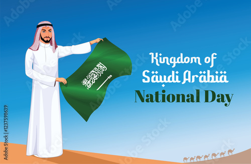 Saudi Arabia National Flag Day celebrates national pride and patriotism. An Arab man holds the flag, while a Saudi civilian raises it in the desert. Saudi Founding Day marks the nation’s independence