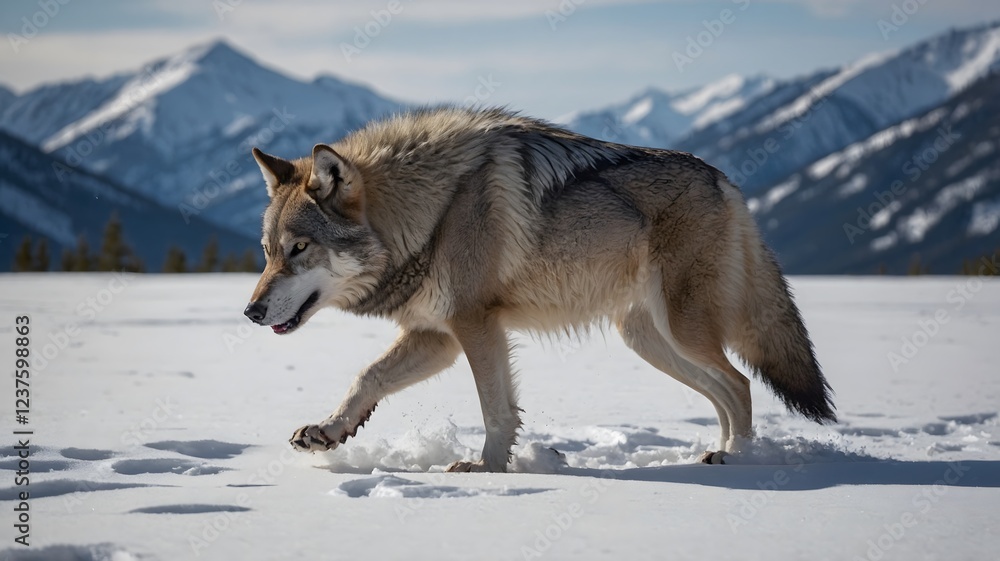 Obraz premium Silent Pursuit: Gregory's Wolf Tracking Prey Through Snow-Covered Mountains