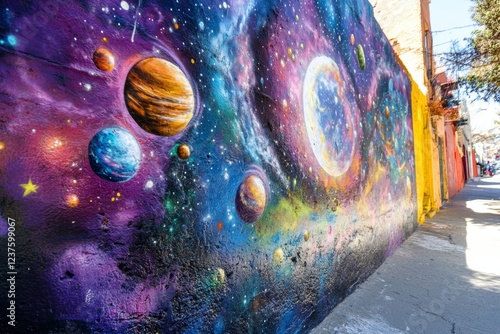 Colorful space-themed street mural with planets and stars photo