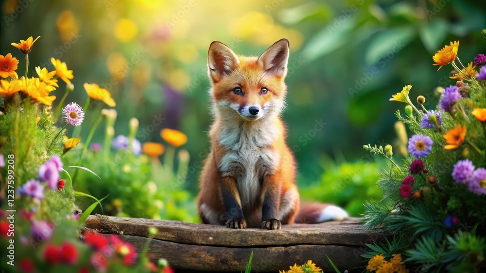 Fototapeta premium A fox with a bushy tail sitting on a log, surrounded by lush greenery and colorful flowers