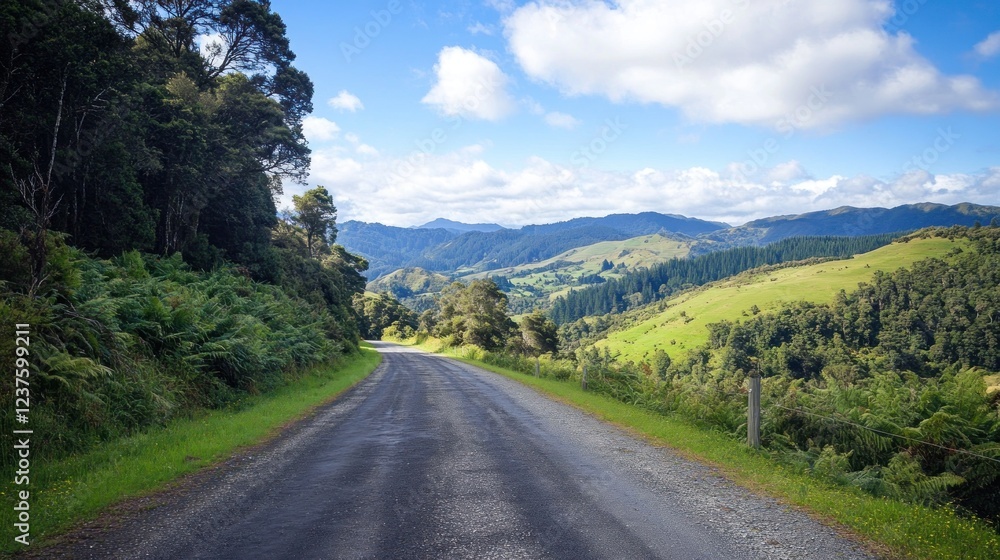 Naklejka premium Scenic country road winding through lush green hills