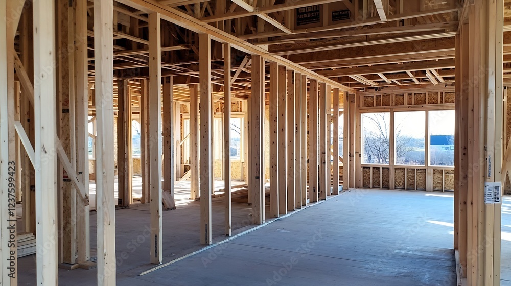 Interior Framework of New Residential Building Under Construction with Wood Beams : Generative AI Interior Framework of New Residential Building Under Construction with Wood Beams : Generative AI