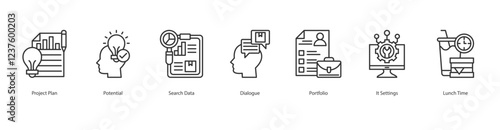 IT Infrastructure Icon Sheet Project Plan, Potential, Search Data, Dialogue, Portfolio, It Settings, Lunch Time