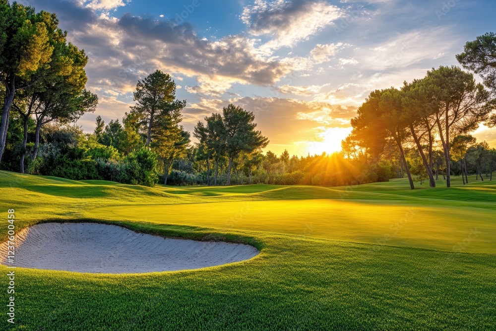 Naklejka premium Sunset golf course featuring a stunning sky sand trap and pine trees Panoramic fairway view with a bunker