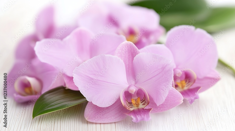 Fototapeta premium Delicate Pink Orchids with Soft Green Leaves on Light Background : Generative AI