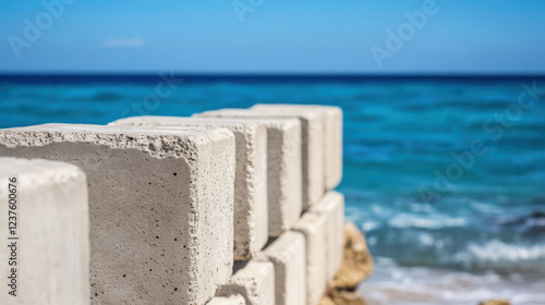 Wave dissipating concrete blocks arranged along shore protect against erosion, creating barrier between land and sea. tranquil blue water enhances serene atmosphere photo