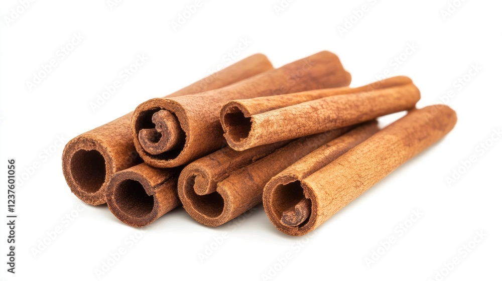 Close-up of whole cinnamon sticks with focus on their natural texture and curves, isolated on a white background Close-up of whole cinnamon sticks with focus on their natural texture and curves, isolated on a white background