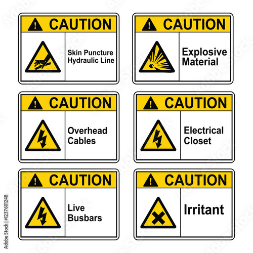 Caution Skin puncture Hydraulic Line, Overhead Cables, Live Busbars, Explosive Material,  Electrical Closet, Irritnant Sign Illustration Vol 02