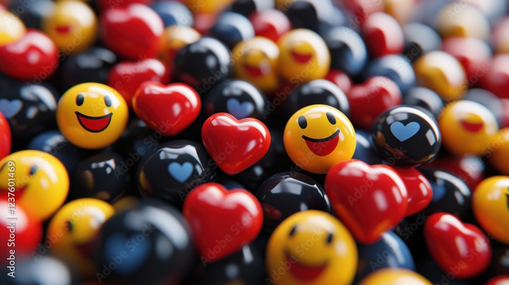 A vibrant collection of glossy smiley face balls and red heart shapes in yellow, black, and red colors, creating a cheerful and playful atmosphere.
A vibrant collection of glossy smiley face balls and red heart shapes in yellow, black, and red colors, creating a cheerful and playful atmosphere.