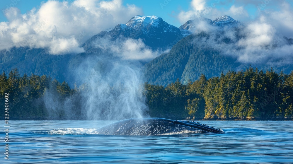 Fototapeta premium Whale surfacing, misty mountains, coastal forest. Nature photography for travel brochures